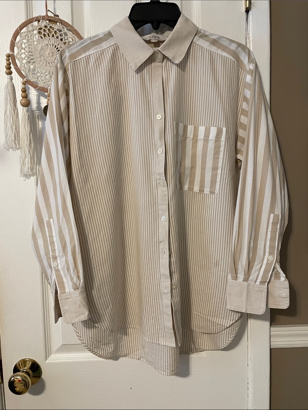 LOFT Beige and White Striped womens Button-Up Shirt